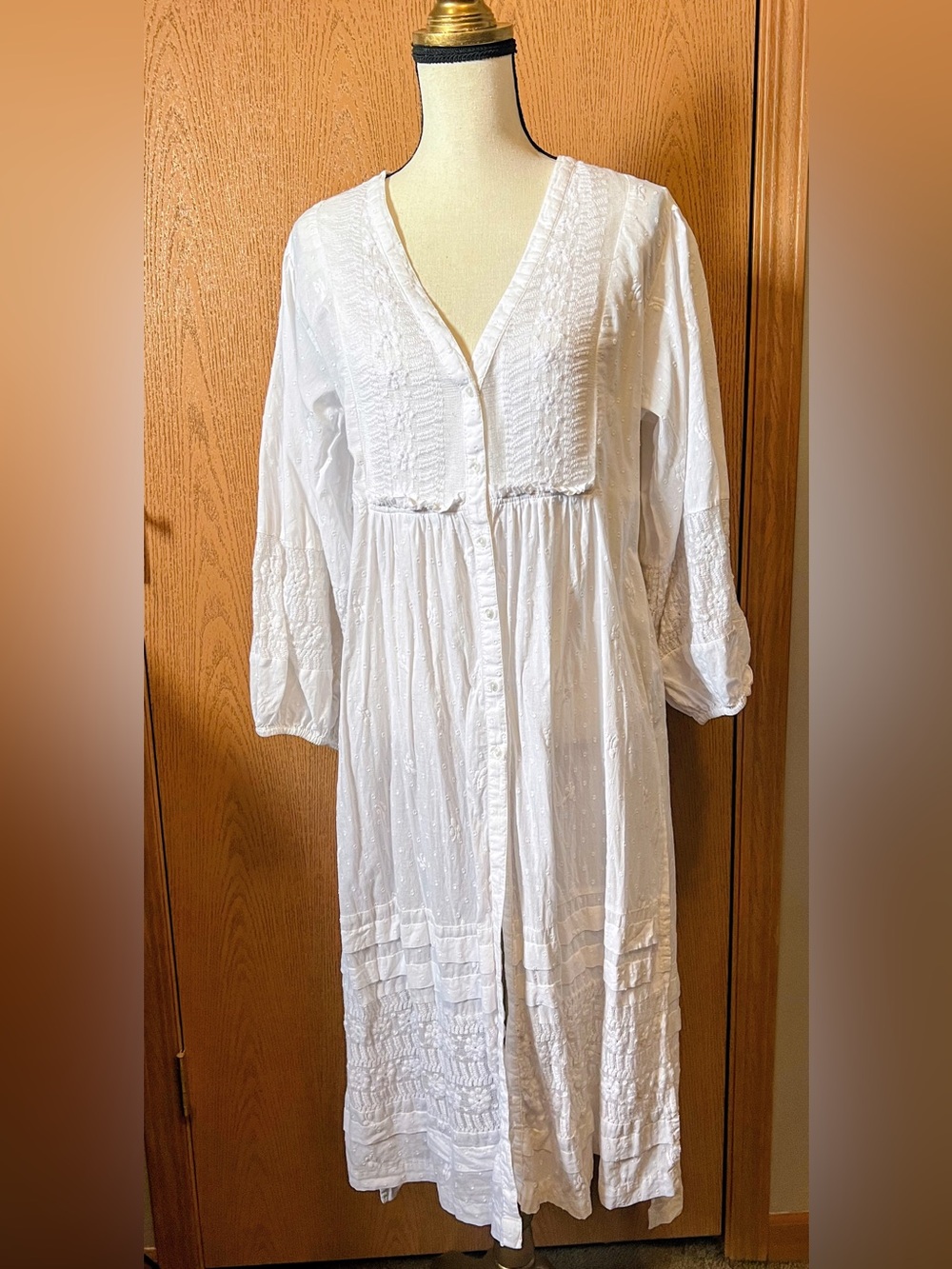 Free People White Eyelet Button-Front Dress 3/4 Sleeve - Small